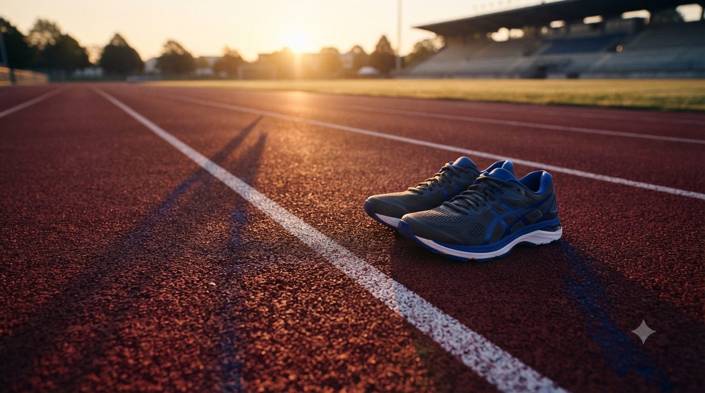Running shoes on a track at golden hour, low sun raking across the lane lines