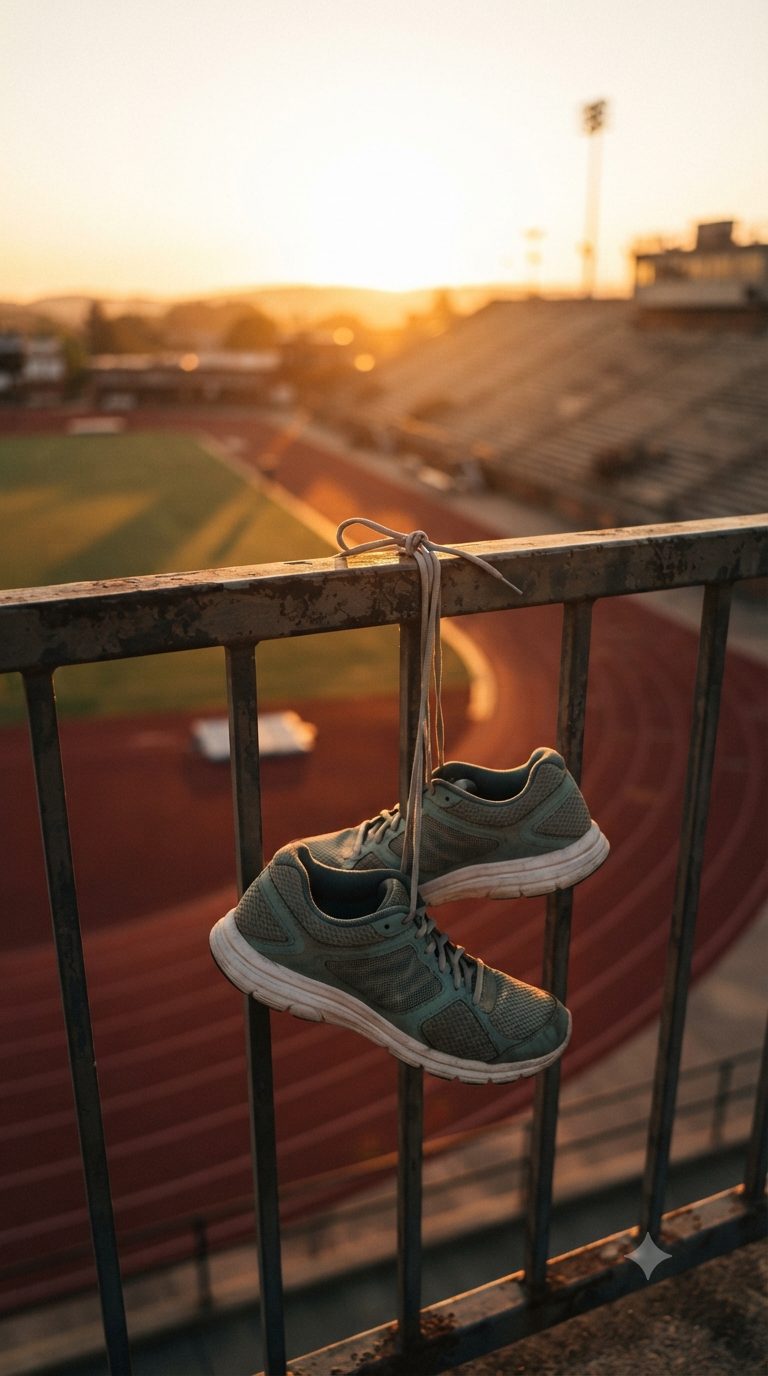 Running shoes resting on a rail-trail at sunrise